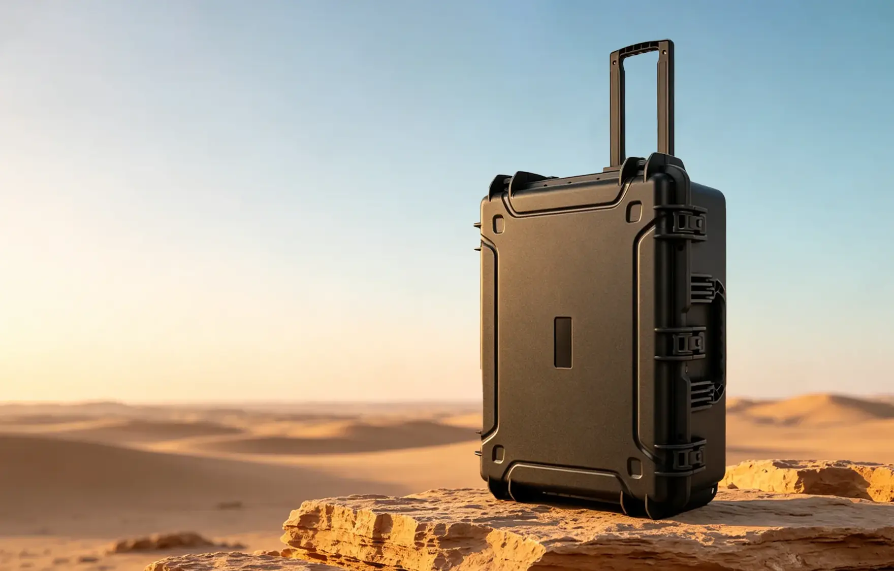 Military protective case in desert field conditions beside a vehicle tyre